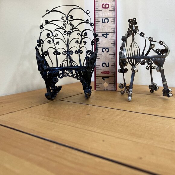 Tin Can Doll Chairs Set of 2 Vintage Folk Tramp Art Mini Furniture Rocking Chair - Picture 2 of 8